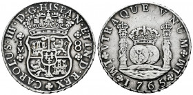 Charles III (1759-1788). 8 reales. 1765. Lima. JM. (Cal-1025). Ag. 26,75 g. Pellet above the 1st LMA. Scratches on reverse. Toned. Choice VF. Est...50...