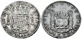 Charles III (1759-1788). 8 reales. 1770. Lima. JM. (Cal-1031). Ag. 26,65 g. Pellet above the 1st LMA. Minor nicks. Scarce. VF. Est...500,00. 

Spani...