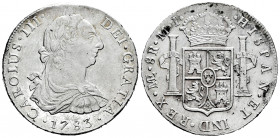 Charles III (1759-1788). 8 reales. 1783. Lima. MI. (Cal-1051). Ag. 26,92 g. Faint scratches. Stains. With some original luster remaining. Almost XF. E...