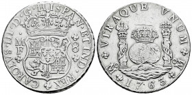 Charles III (1759-1788). 8 reales. 1763. Mexico. MF. (Cal-1086). Ag. 26,75 g. Scratch on obverse. Cleaned. VF. Est...220,00. 

Spanish Description: ...