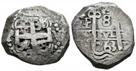 Charles III (1759-1788). 8 reales. 1763. Potosí. V. (Cal-1139). Ag. 26,27 g. Almost VF/VF. Est...300,00. 

Spanish Description: Carlos III (1759-178...