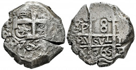 Charles III (1759-1788). 8 reales. 1765. Potosí. V-Y. (Cal-1141). Ag. 25,79 g. Double date. Cleaned rust. VF. Est...300,00. 

Spanish Description: C...