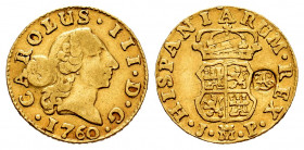 Charles III (1759-1788). 1/2 escudo. 1760. Madrid. JP. (Cal-1242). Au. 1,61 g. Flat crown. Counterstamped. Adjustment lines on reverse. Choice VF. Est...