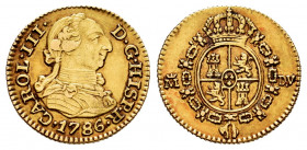 Charles III (1759-1788). 1/2 escudo. 1786. Madrid. DV. (Cal-1280). Au. 1,77 g. Choice VF. Est...160,00. 

Spanish Description: Carlos III (1759-1788...