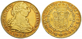 Charles III (1759-1788). 8 escudos. 1778. Madrid. PJ. (Cal-1965). (Cal onza-730). Au. 26,89 g. Beautiful tone. Very scarce. Choice VF. Est...2000,00. ...