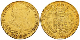 Charles III (1759-1788). 8 escudos. 1788. Santa Fe de Nuevo Reino. JJ. (Cal-2122). (Cal onza-893). Au. 26,84 g. Nicks on edge. Almost VF. Est...1200,0...