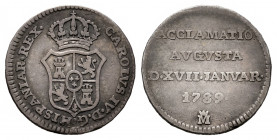 Charles IV (1788-1808). "Proclamation" medal. 1789. Madrid. (H-66). Ag. 1,33 g. 1/2 real module. Almost VF. Est...20,00. 

Spanish Description: Carl...