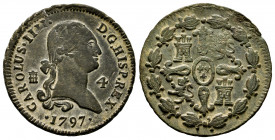 Charles IV (1788-1808). 4 maravedis. 1797. Segovia. (Cal-51). Ae. 5,26 g. Choice VF/VF. Est...30,00. 

Spanish Description: Carlos IV (1788-1808). 4...