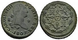 Charles IV (1788-1808). 4 maravedis. 1807. Segovia. (Cal-61). Ae. 5,73 g. Two pellets on both sides of the date. Choice VF/VF. Est...40,00. 

Spanis...