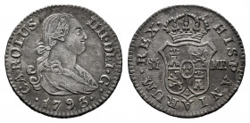 Charles IV (1788-1808). 1/2 real. 1793. Madrid. MF. (Cal-254). Ag. 1,35 g. Toned. Choice VF. Est...30,00. 

Spanish Description: Carlos IV (1788-180...