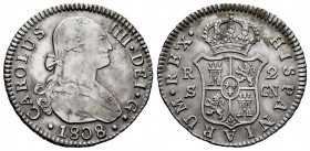 Charles IV (1788-1808). 2 reales. 1808. Sevilla. CN. (Cal-728). Ag. 5,68 g. Slightly dirty. Choice VF. Est...50,00. 

Spanish Description: Carlos IV...