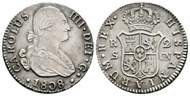 Charles IV (1788-1808). 2 reales. 1808. Sevilla. CN. (Cal-728). Ag. 5,86 g. VF/Choice VF. Est...80,00. 

Spanish Description: Carlos IV (1788-1808)....