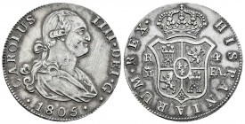 Charles IV (1788-1808). 4 reales. 1805. Madrid. FA. (Cal-787). Ag. 13,45 g. Cleaned. Choice VF. Est...180,00. 

Spanish Description: Carlos IV (1788...