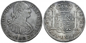 Charles IV (1788-1808). 8 reales. 1807. Guatemala. M. (Cal-902). Ag. 26,92 g. Two welding spots on the edge of the reverse, otherwise a good specimen....