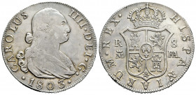 Charles IV (1788-1808). 8 reales. 1803. Madrid. FA/MF. (Cal-940). Ag. 26,86 g. Rectified assayers marks. Scarce. VF/Choice VF. Est...250,00. 

Spani...