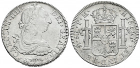 Charles IV (1788-1808). 8 reales. 1790. Mexico. FM. (Cal-952). Ag. 26,83 g. Bust of Charles III and ordinal of king IIII. Cleaned. VF/Almost XF. Est.....