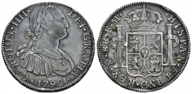 Charles IV (1788-1808). 8 reales. 1792. Mexico. FM. (Cal-954). Ag. 26,89 g. Nicks on edge. Scratch on obverse. Choice VF. Est...80,00. 

Spanish Des...