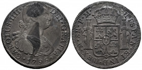 Charles IV (1788-1808). 8 reales. 1795. Mexico. FM. (Cal-958). Ag. 26,82 g. Irregular patina. Minor oxidations. Choice VF. Est...60,00. 

Spanish De...