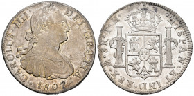 Charles IV (1788-1808). 8 reales. 1807. Mexico. TH. (Cal-986). Ag. 26,97 g. It retains some minor luster. Lightly toned. Almost XF/XF. Est...200,00. ...