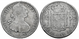 Charles IV (1788-1808). 8 reales. 1801. Potosí. PP. (Cal-1005). Ag. 26,44 g. Choice F. Est...60,00. 

Spanish Description: Carlos IV (1788-1808). 8 ...