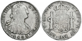 Charles IV (1788-1808). 8 reales. 1805/4. Potosí. PJ. (Cal-1009). Ag. 27,09 g. Clear overdate. Weak strike on the shield. Scarce. Almost VF/VF. Est......