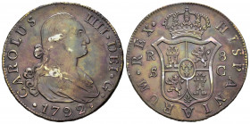 Charles IV (1788-1808). 8 reales. 1792. Sevilla. C. (Cal-1055). Ag. 26,75 g. Artificial patina. Choice VF. Est...300,00. 

Spanish Description: Carl...