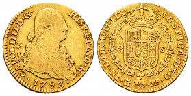 Charles IV (1788-1808). 2 escudos. 1793/2. Madrid. MF. (Cal-1278). Au. 6,52 g. Clear overdate. Choice F/Almost VF. Est...320,00. 

Spanish Descripti...