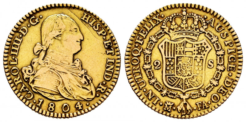 Charles IV (1788-1808). 2 escudos. 1804. Madrid. FA. (Cal-1310). Au. 6,71 g. Cle...