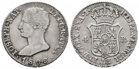 Joseph Napoleon (1808-1814). 4 reales. 1809. Madrid. AI. (Cal-13). Ag. 5,93 g. Minimal scratch on obverse. Choice VF. Est...75,00. 

Spanish Descrip...