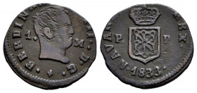 Ferdinand VII (1808-1833). 1 maravedi. 1833. Pamplona. (Cal-42). Ae. 1,80 g. "Cabezon" type. VF. Est...50,00. 

Spanish Description: Fernando VII (1...