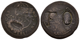 Ferdinand VII (1808-1833). 1/4 real. 1817. Caracas. (Cal-66 var). Ae. 2,81 g. Small date. Private stamp "FO" made in the 1840's for circulation at "La...