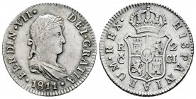 Ferdinand VII (1808-1833). 2 reales. 1811. Cadiz. CI. (Cal-725). Ag. 5,68 g. Large mintmark. Choice VF/VF. Est...120,00. 

Spanish Description: Fern...
