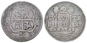 Ferdinand VII (1808-1833). 2 reales. 1818. Caracas. BS. (Cal-729). Ag. 4,01 g. Lions and castles. Almost VF. Est...180,00. 

Spanish Description: Fe...