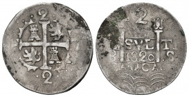 Ferdinand VII (1808-1833). 2 reales. 1820. Caracas. BS. (Cal-738 var). Ag. 4,03 g. Castles and lions. Contemporary counterfeit. VF. Est...250,00. 

...