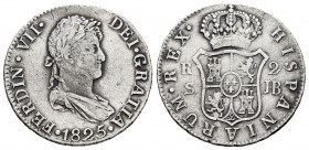 Ferdinand VII (1808-1833). 2 reales. 1825. Sevilla. JB. (Cal-957). Ag. 5,73 g. Choice F. Est...25,00. 

Spanish Description: Fernando VII (1808-1833...