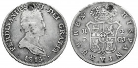 Ferdinand VII (1808-1833). 4 reales. 1813. Madrid. GJ. (Cal-1078). Ag. 12,96 g. Bare bust. Holed. Rare. Choice F. Est...120,00. 

Spanish Descriptio...