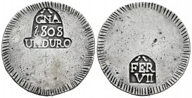 Ferdinand VII (1808-1833). 1 duro. 1808. Gerona. (Cal-1201). Ag. 26,35 g. Almost VF. Est...120,00. 

Spanish Description: Fernando VII (1808-1833). ...