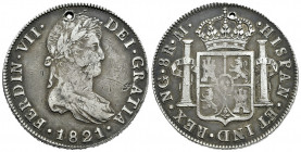 Ferdinand VII (1808-1833). 8 reales. 1821. Guatemala. M. (Cal-1236). Ag. 26,81 g. Holed. Almost VF. Est...90,00. 

Spanish Description: Fernando VII...