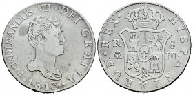 Ferdinand VII (1808-1833). 8 reales. 1813. Madrid. IG. (Cal-1263). Ag. 26,82 g. Bare bust. Nicks on edge. Rare. Almost VF. Est...300,00. 

Spanish D...