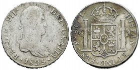 Ferdinand VII (1808-1833). 8 reales. 1825. Potosí. J. (Cal-1393). Ag. 26,61 g. Scratches on obverse. Scarce. Choice F/Almost VF. Est...100,00. 

Spa...
