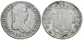 Ferdinand VII (1808-1833). 8 reales. 1816. Sevilla. CJ. (Cal-1417). Ag. 26,60 g. Choice F/Almost VF. Est...110,00. 

Spanish Description: Fernando V...