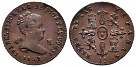 Elizabeth II (1833-1868). 4 maravedis. 1837. Jubia. (Cal-67). Ae. 4,97 g. A good sample. XF. Est...160,00. 

Spanish Description: Isabel II (1833-18...