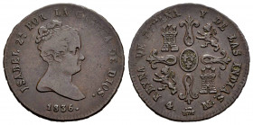 Elizabeth II (1833-1868). 4 maravedis. 1836. Segovia. (Cal-78). Ae. 5,06 g. Value on reverse. Scarce. Almost VF/VF. Est...80,00. 

Spanish Descripti...