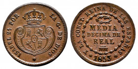 Elizabeth II (1833-1868). 1/2 decima de real. 1853. Segovia. (Cal-140). Ae. 1,82 g. XF/AU. Est...80,00. 

Spanish Description: Isabel II (1833-1868)...