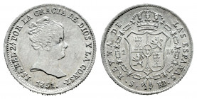 Elizabeth II (1833-1868). 1 real. 1851. Sevilla. RD. (Cal-319). Ag. 1,25 g. Almost XF. Est...50,00. 

Spanish Description: Isabel II (1833-1868). 1 ...