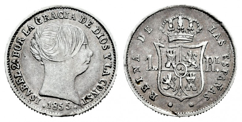 Elizabeth II (1833-1868). 1 real. 1855. Sevilla. (Cal-323). Ag. 1,26 g. Choice V...