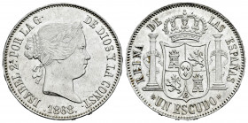 Elizabeth II (1833-1868). 1 escudo. 1868 *18-68. Madrid. (Cal-567). Ag. 12,94 g. Original luster. Minor marks on obverse. Magnificent piece. Almost MS...
