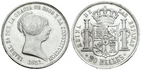 Elizabeth II (1833-1868). 20 reales. 1851. Madrid. (Cal-593). Ag. 26,06 g. Original luster. Scarce in this grade. AU. Est...300,00. 

Spanish Descri...
