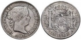 Elizabeth II (1833-1868). 20 reales. 1857. Madrid. (Cal-614). Ag. 25,76 g. VF. Est...90,00. 

Spanish Description: Isabel II (1833-1868). 20 reales....
