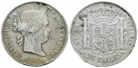 Elizabeth II (1833-1868). 20 reales. 1860. Madrid. (Cal-617). Ag. 25,65 g. Repaired welding on edge. Almost VF. Est...50,00. 

Spanish Description: ...
